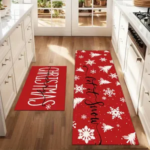 2Pcs Merry Christmas, Red Christmas Tree Floor mat set for farmhouse kitchen Rug restaurant floor laundry room decor carpet mat