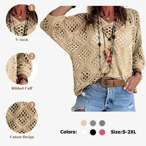 2026 Women's Bohemian-Inspired Beige Crochet Top with V-Neck# Springtok# TikTokShopJumpstartSale Casual Chic..