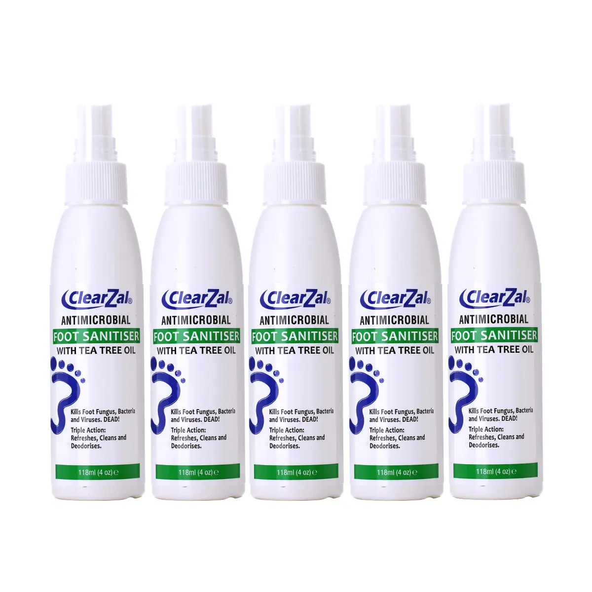 ClearZal Foot Sanitizer Spray with Tea Tree Oil, 4-Ounce 5 pieces Bottle Long-lasting disinfectant and antibacterial spray Long-lasting antibacterial effect to keep fresh  Tinea pedis, fungal infection, burning, itching, dandruff