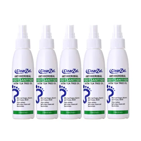 ClearZal Foot Sanitizer Spray with Tea Tree Oil, 4-Ounce 5 pieces Bottle Long-lasting disinfectant and antibacterial spray Long-lasting antibacterial effect to keep fresh  Tinea pedis, fungal infection, burning, itching, dandruff