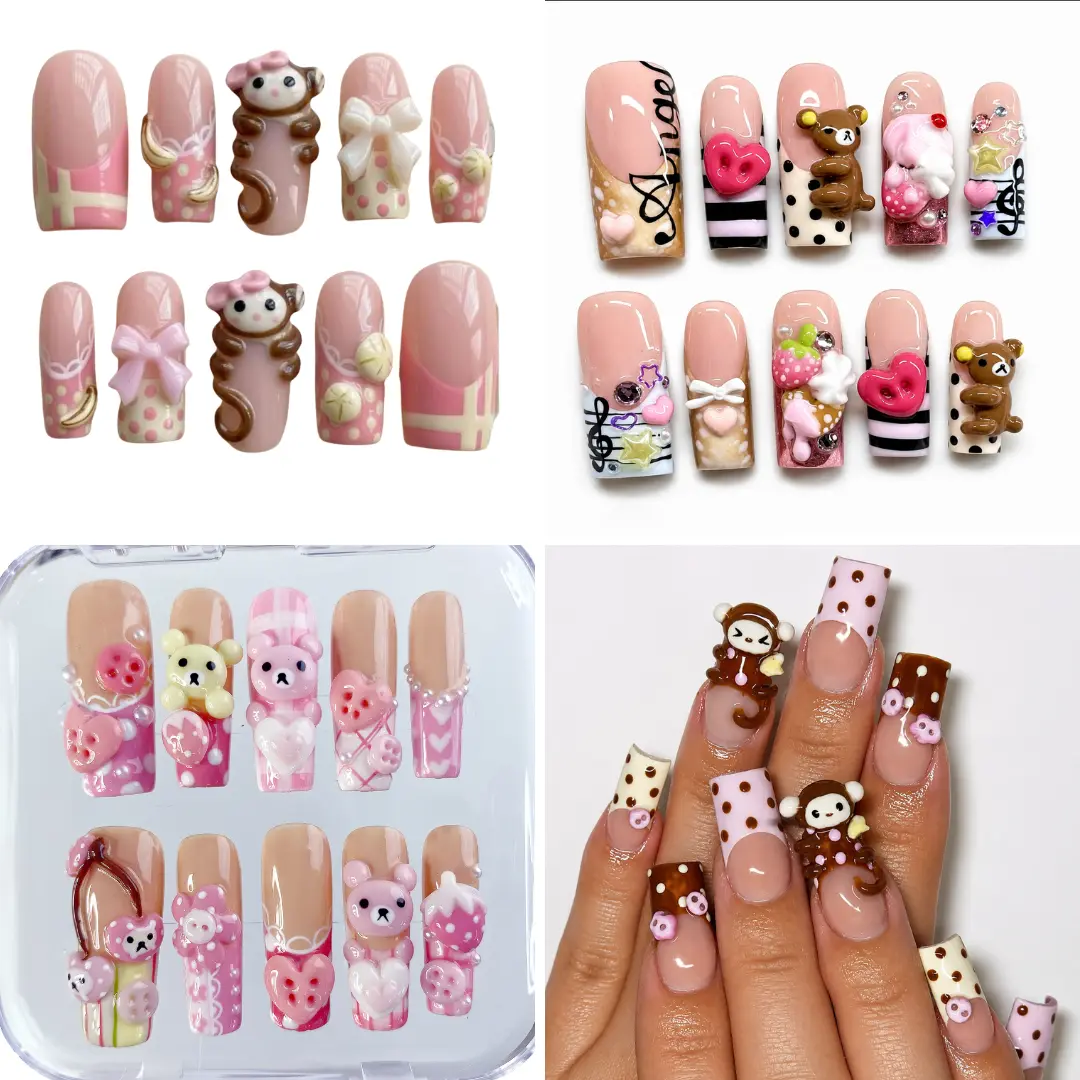 Sweet Kawaii Press On Nails Collection, Teddy Bear, Hearts, Bows, Candy Aesthetic Handmade Nail Sets