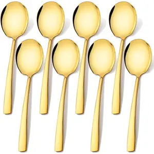 Stainless Steel Large 9.2-Inch Gold Serving Spoons 8-Piece Big Serving Utensil Set for Buffet, Parties, Catering - Dishwasher Safe
