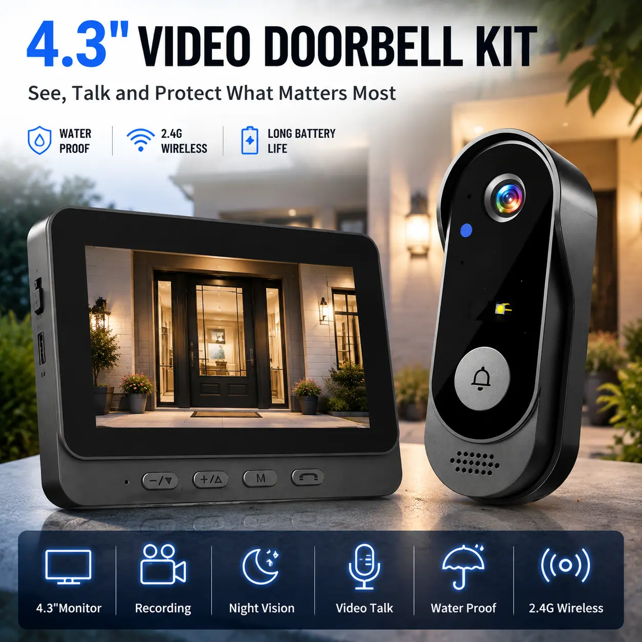 【DealsForYouDays】Wireless Video Doorbell Home Security System with 4.3" Display, Indoor Chime, 2.4G Connectivity, Outdoor Waterproof Design, Color 2-Way Talk, Night Vision, No App & No Monthly Fees, Video Intercom