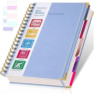 Spiral Notebook, Notebooks College Ruled, 5 Subject Notebook with Dividers, Hardcover Notebooks for Work, School, Note Taking, 250 Page Leather Notebook Journal for Women Men, Large B5 Blue Notebook