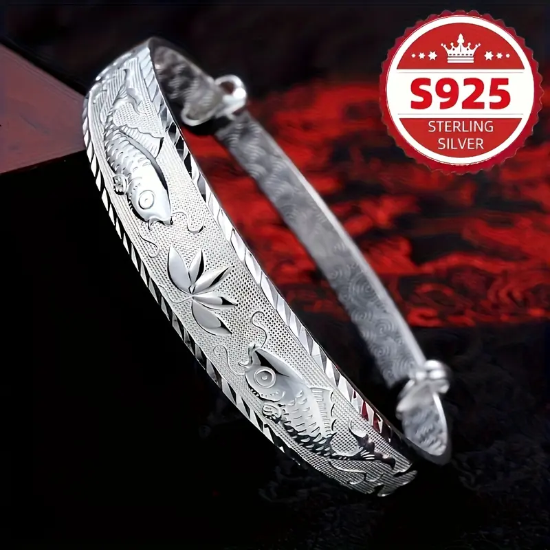 Women's S925 Pure Silver Chinese-Style Double Fish Lotus Exquisite High Quality Crafted Bracelet, Silver Toned Bracelets & Bangles for Daily Casual/Formal Wear, Fashion Accessory Gift for Friends