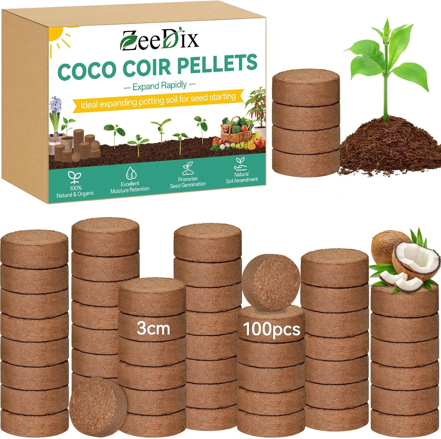 100PCS 30mm Compressed Coco Coir Pellets, Organic Seed Starting Growing Medium for Bonsai, Herbs, Flowers, Vegetables & Plant Propagation