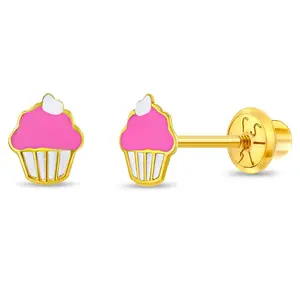 14k Gold Cupcake with Cherry Baby / Toddler / Kids Earrings Safety Screw Back Enamel