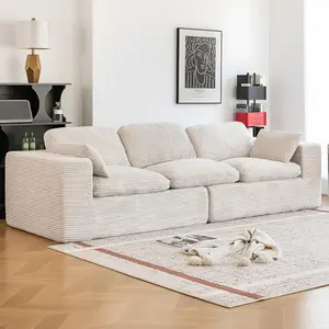 [2 Package Shipping]AECOJOY 110" Cloud Boneless Couch, Compressed Sectional Sofa with Fluffy Seat Cushions Upholstered No Assembly Required, Plush Corduroy Fabric 3-Seater Large Couch for Living Room