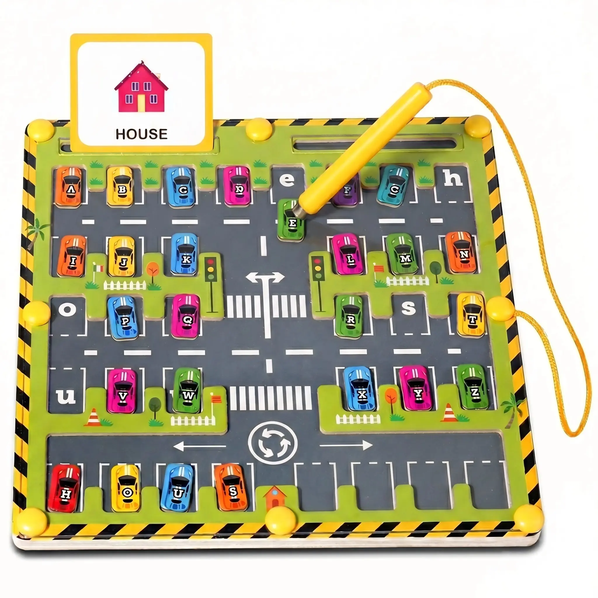Stem Montessori Puzzle, Wooden Magnetic Screen-Free Car Maze Board - Natural Solid Wood, Magnetic Wand, Letter Match Cards, Beginner Boredom Buster Travel Toy for Preschool Kids Ages 3+, Gift Ideas for Kids