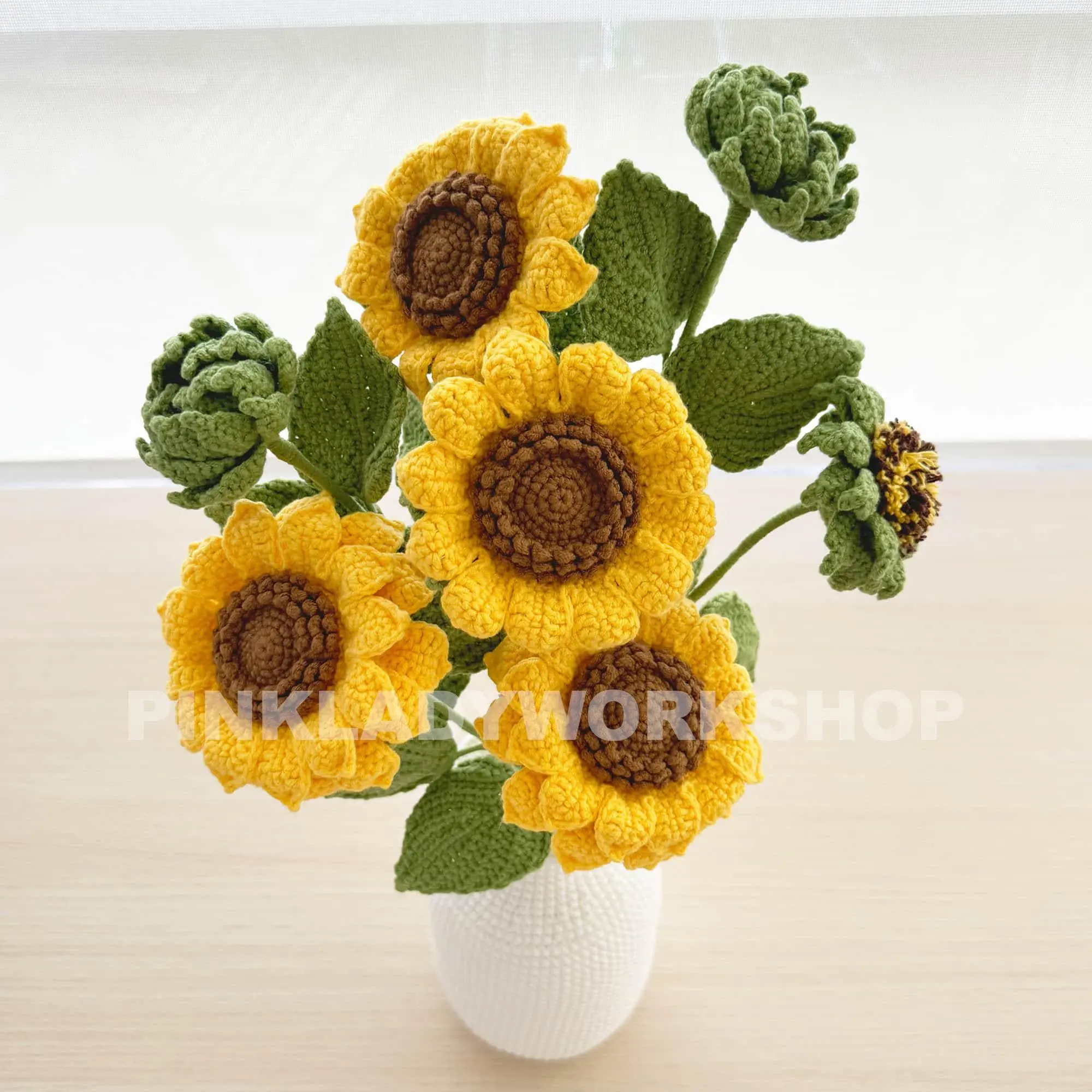 Handmade Crochet Sunflower Bouquet with Vase: Decorative Yarn Flowers Fruit Plants