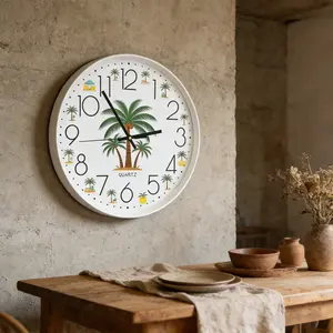 Healing Coconut Tree Wall Clock, Silent Decorative Table for Living Room & Bedroom, Simple Wooden Style Bedside Clock, High Aesthetic Value