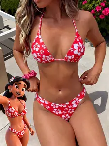 Women's Swimsuit bikini, Floral Tropical Bikini, Flower Print Bikini, gingham hisbicus flower beachwear swimsuit summer red outfit, Casual, Vacation Outfits, beachwear