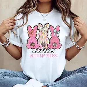 Cotton casual round-neck short-sleeve T-shirt featuring an Easter bunny design and “Chill With My Peeps” graphic; summer clothing; machine washable; not dry clean; made in USA