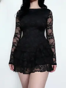 Elegant Lace Mini Dress for Women, Sexy Polka Dot Split Thigh Design, Slim-Fitting A-Line Cake Skirt, Sleeveless Gothic Style