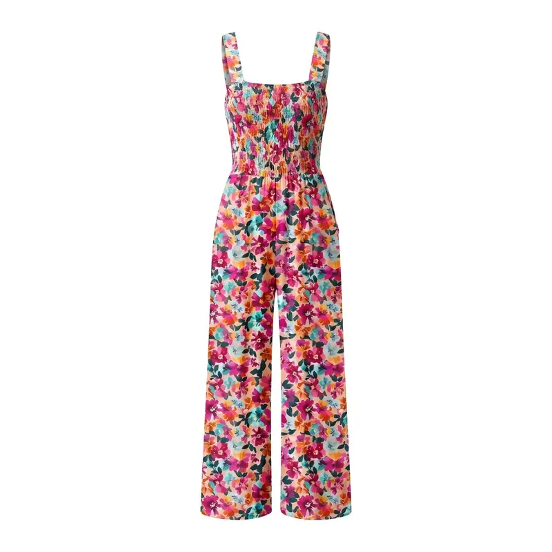 2026  Women's Casual Loose Overalls  One Piece Sleeveless Printed Wide Leg Long Pant Rompers With Pockets Bohemian Womenswear