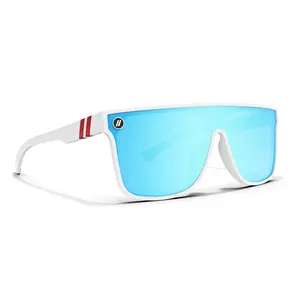 Blenders SciFi DX “Mo’ Glory” Sunglasses – Polarized PureBlend Blue Mirror Lenses, 100% UV Protection, Scratch‑Resistant, Matte White Flag‑Print Frame, Medium‑Large Fit