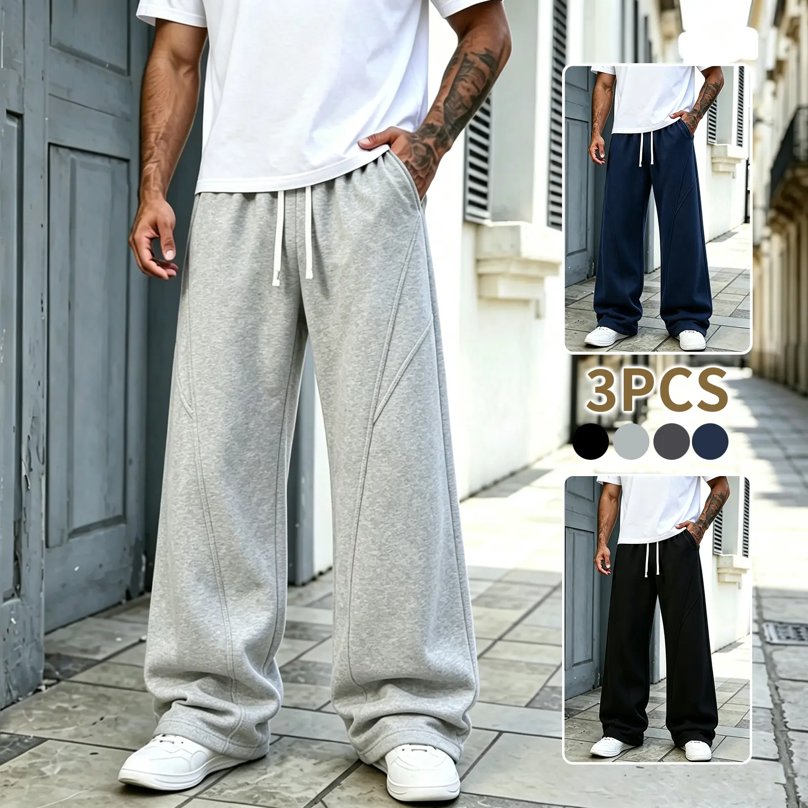 3 pcs men’s wide leg athletic sweatpants made from cotton fabric, drawstring waist, internet famous bestseller, loose fit, multi piece set showcasing trendy styling, suitable for fitness, home leisure, and streetwear.
