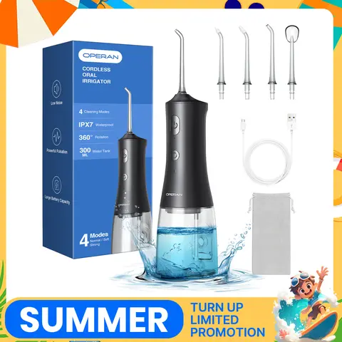 Operan Cordless Portable Oral Irrigator - Plastic Orthodontic Floss Teeth Plaque Remover, 4 Modes, 4 Nozzles, 360° Rotation, 300ml Tank, USB Charge, 45.5g, Batteries Included, Home-Office Travel Selfcare Dental Accessory, Mini Purse Toiletries