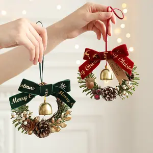 Christmas Bow Bell Flower Wreath Door Hanger, Pine Cone Vine Hanging Ornament, Wall & Door Handle Decor, Festive Holiday Decoration