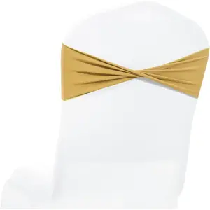 MDS Pack of 10 Spandex Chair Sashes Bows Elastic Stretch Dining Chair Bands Ties Slider fits for Wedding Baby Shower Birthday Banquet Event Decoration - Gold