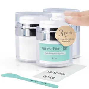 BONN Home Large Airless Pump Jar - Refillable Bottle Empty Cosmetic Cream For Moisturizer Container New Travel Jars Bottles With Reusable Bag, Spatula & Labels,1.7oz/50ml White 3-pack…