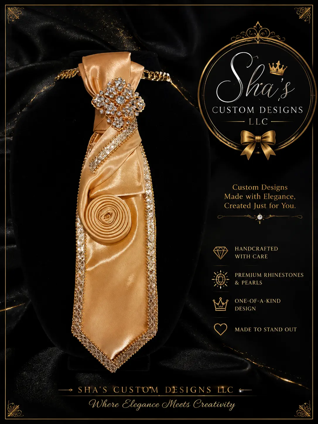 Gold Rhinestone Trim Custom Tie