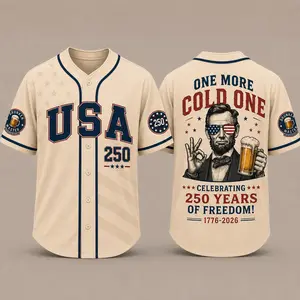One More Cold One USA 250 Baseball Jersey Patriotic Abraham Lincoln Beer Shirt America 250 Years Of Freedom Fourth Of July Americana Party Jersey Independence Day Streetwear Vintage Beer Lover Graphic Tee USA Freedom Outfit Gift For Men Women