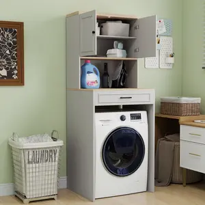 Over the Washer and Dryer Storage Cabinet with 1 Door Adjustable Shelf and Fake Drawer Design Antique White Sturdy and Ample Storage for Laundry Room