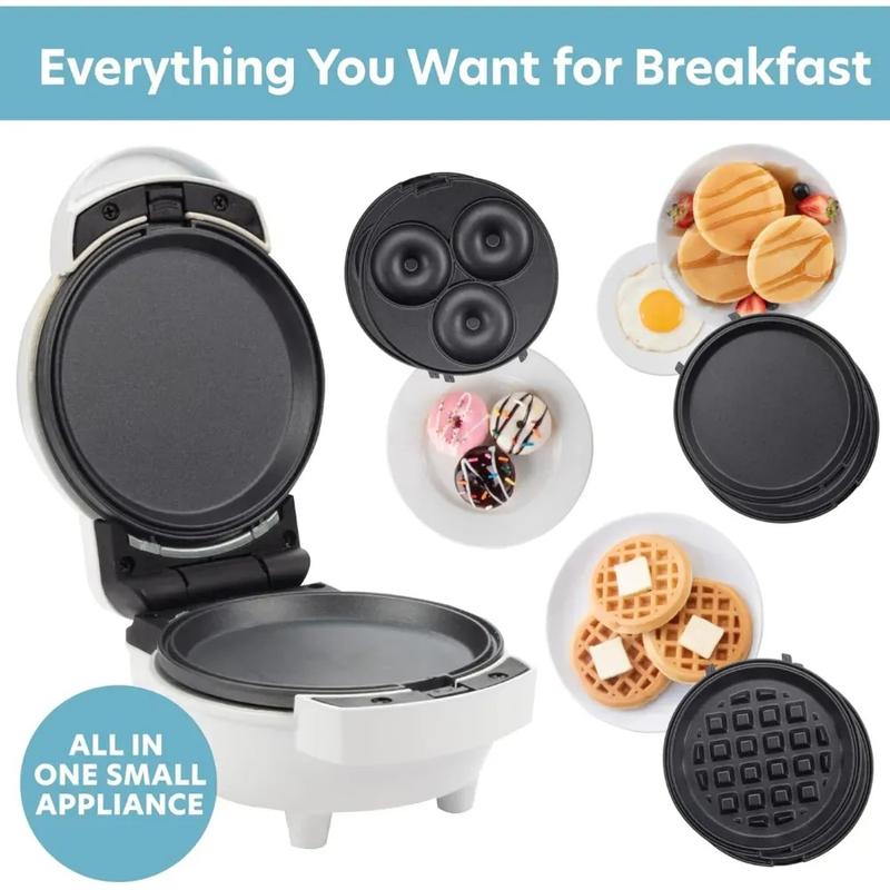 3 in 1 Mini Breakfast Maker- Make Mini Waffles Donuts Pancakes or Eggs all in 1 Multi Use Appliance- Easily Swap & Clean Interchangeable Griddle Plates- Small Electric Non Stick Baker for Any Occasion