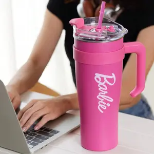 Barbie Tumbler with Handle and Straw 54 oz | Cup Holder Compatible for Travel | Insulated Stainless Steel Cup | BPA-Free | Thermos for Girls Women and Barbie Fan-Pink