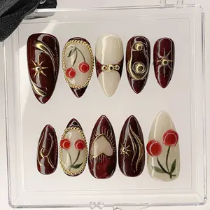 Luxury Red Cherry Press On Nails | Vibrant Luxurious Hand Painted Star Bow Acrylic Nail Art | Holiday Christmas Kawaii Nails