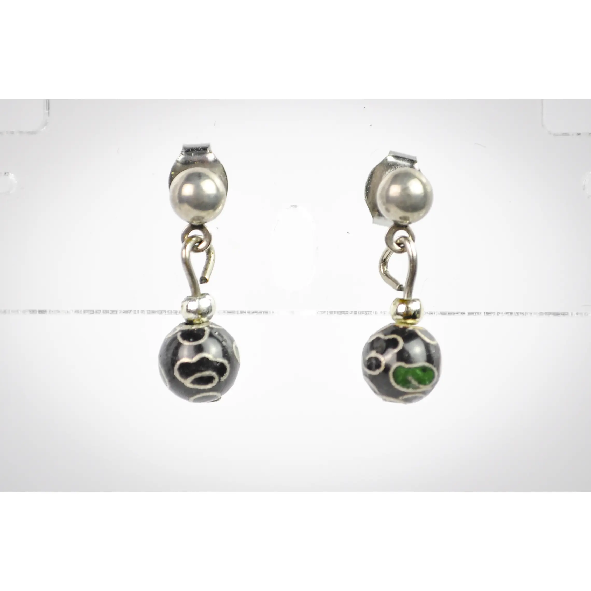 Vintage Chinese Floral Cloisonné Black Bead Drop Earrings - Dainty Hand Painted Black Floral Bead Dangle Earrings