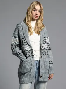 Spencer Shawl Lapel Cardigan-Gray Aztec