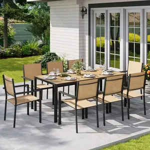 9 / 7 / 5 Piece Outdoor Patio Dining Set with 1 Rectangular Patio Table & 8 Textilene Stackable Chairs, Patio Dining Furniture for 8, WPC Tabletop and All-Weather Resistant Iron Frame, Suitable for Garden, Backyard and Deck, Brown