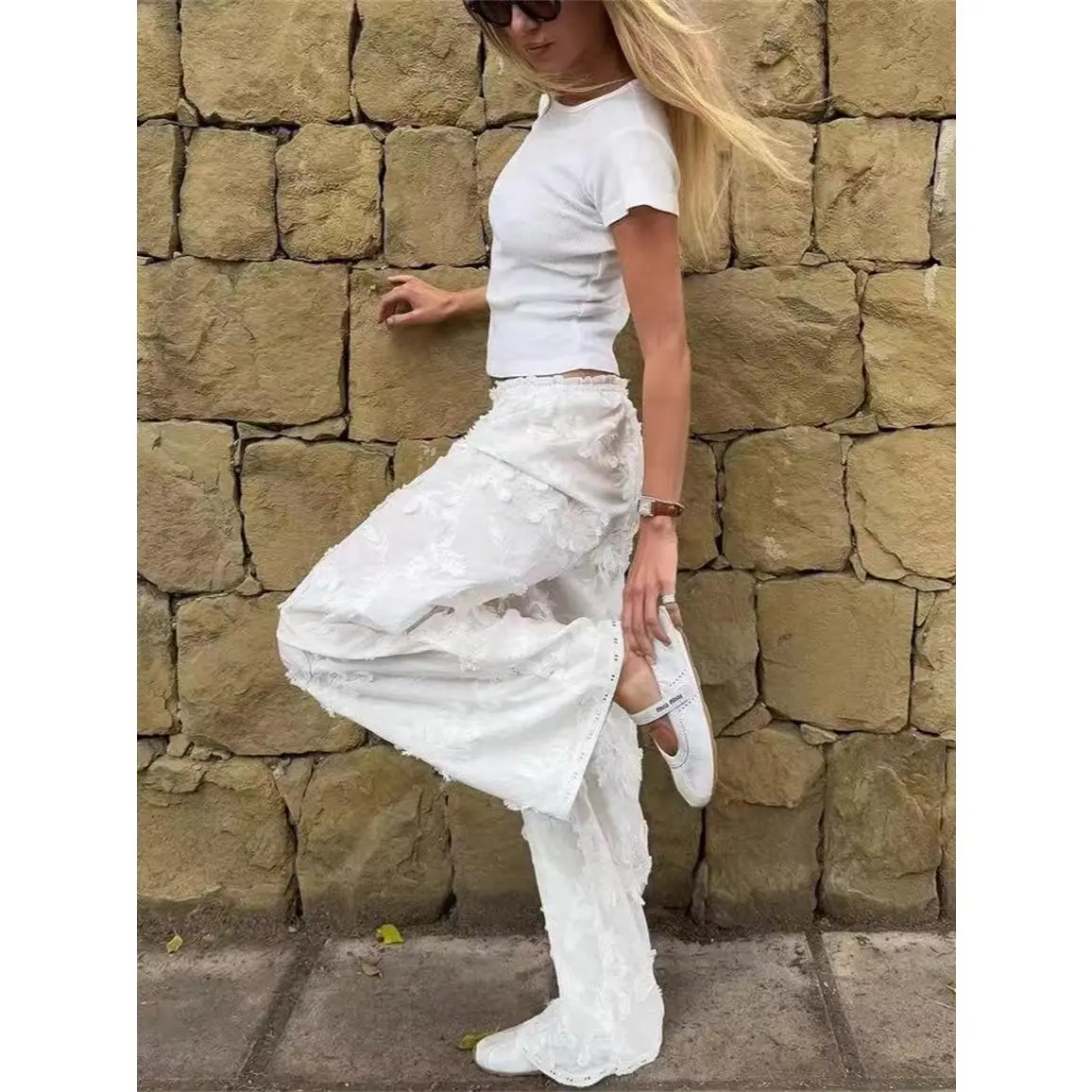 White Cotton Wide Leg Pants for Women - Elegant 3D Petal Embroidery, Lace Trim, and Elastic Waistband, Bottom, Basic Style, Crochet, M, Trouser, Foldable, Loose, Clothes, Midi Length, Casual Wear, None, Wide-Leg Trousers, Loose-Fitting