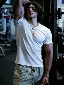 Men's Round Neck Short Sleeve T-Shirt, Elastic Comfortable Tight Fit Breathable, Gym Performance Top Fitness Training Weightlifting Running Print Logo