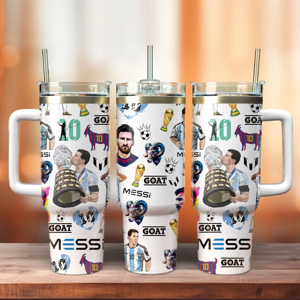 Lionel Messi GOAT #10 Argentina Soccer Tumbler 40oz With Handle, Messi Stainless Steel Travel Mug, Football Insulated Cup With Straw, Gift For Messi Fans