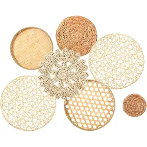 7 Pcs Boho Wall Basket Decor Seagrass Woven Round Boho Wall Decor Handmade Hanging Wicker Wall Decor Bohemian Rustic Home Decor for Farmhouse Bedroom Living Room Table Settings
