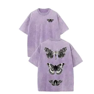 Women's Vintage Washed T-Shirt with Butterfly Print - Thick Soft Fabric, Loose Fit Round Neck Short Sleeve, Light Grey & Black Casual Summer Top, Machine Washable Everyday Tee gift hooded sweatshirt festival gift round-neck sweatshirt
