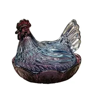 Vintage Hen On Nest Glass Egg Storage Dish with Free Braided Coaster, Retro Farmhouse Decor Chicken Candy Jar, 10-Grid Egg Holder Container