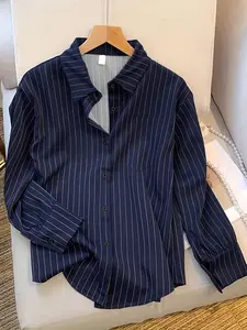 Fashion Curve Plus Size Striped Oversized Button-Down Shirt – Casual Loose-Fit Long-Sleeve Pocket Blouse, Trendy Spring Summer Street Style Outfit, Daily Vacation Wear, Y2K Aesthetic Clothes, Womenswear Top