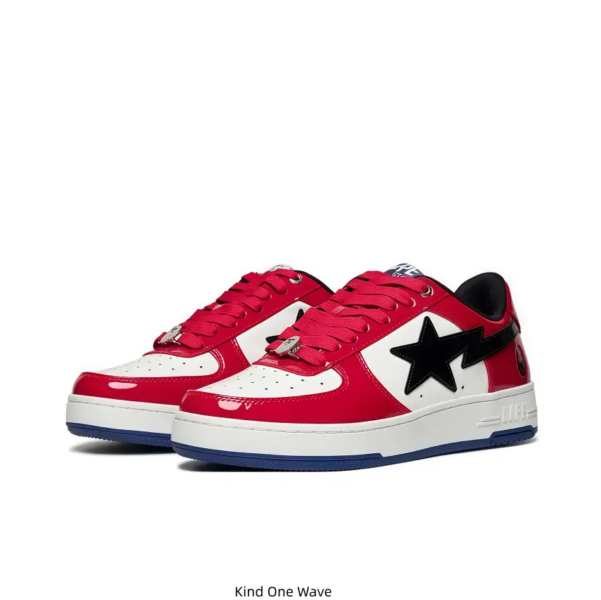Glossy red and white color-block BAPE STA low-top sneakers, bold black star logo on the side, brand marking at heel, white midsole with blue outsole, classic trendy streetwear footwear for daily outfits and sneaker collection