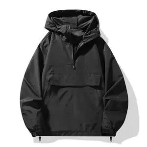 Men's Black Anorak Jacket - Lightweight, Half-Zip, Hooded, Elastic Hem, Spacious Pocket, Durable Fabric, Versatile Streetwear - Tights