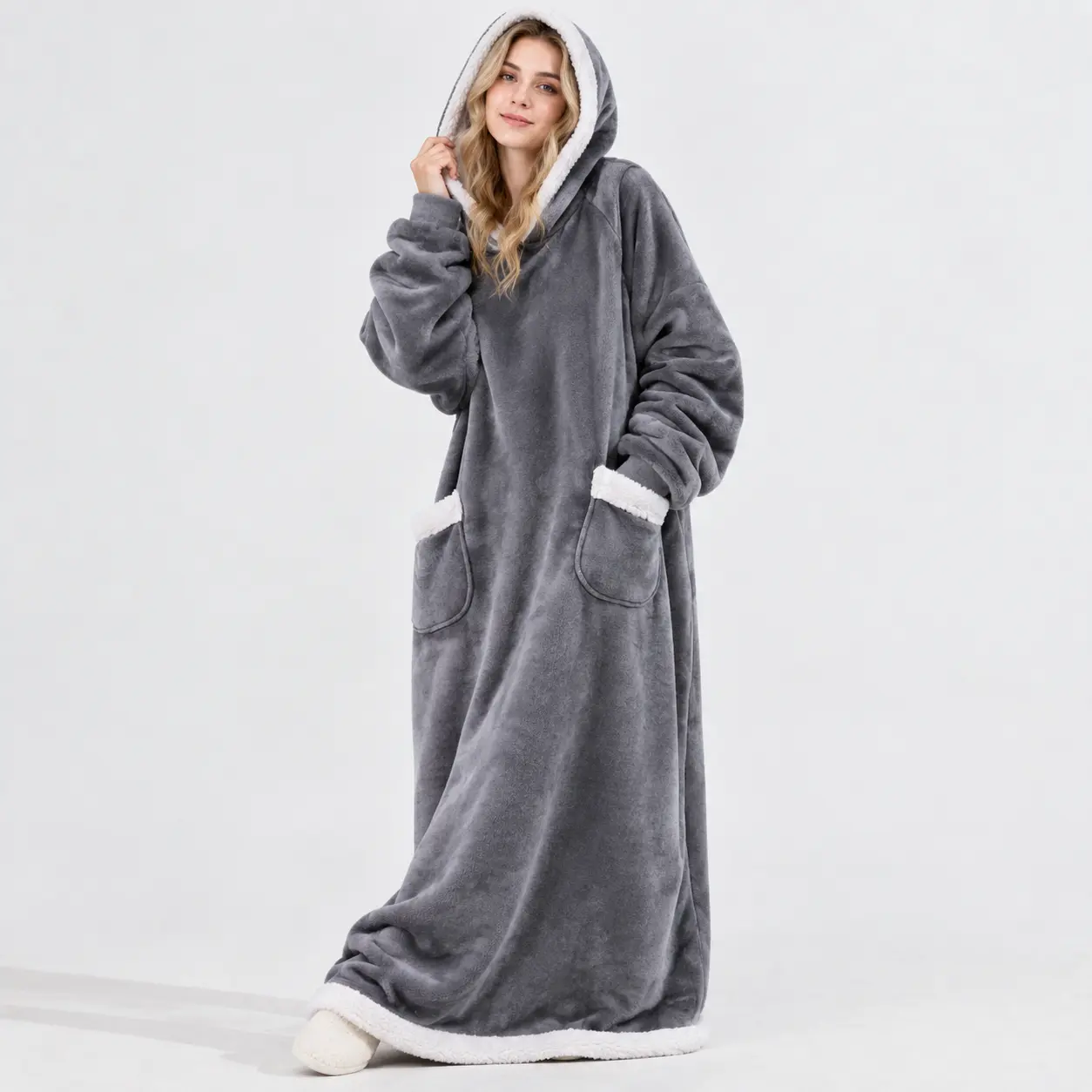 Women's Oversized Wearable Hooded Bathrobe - Plush Fleece, Long, With Pockets, Warm Winter Sleepwear & Loungewear, Wearable Hooded Bathrobes & Dressing Gowns