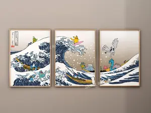 Pokemon Set of 3 Art Print  Wall Art, Pokemon Poster, The Great Wave, Pokemon Gift, Pikachu, Lugia, Squirtle, Anime Bedroom