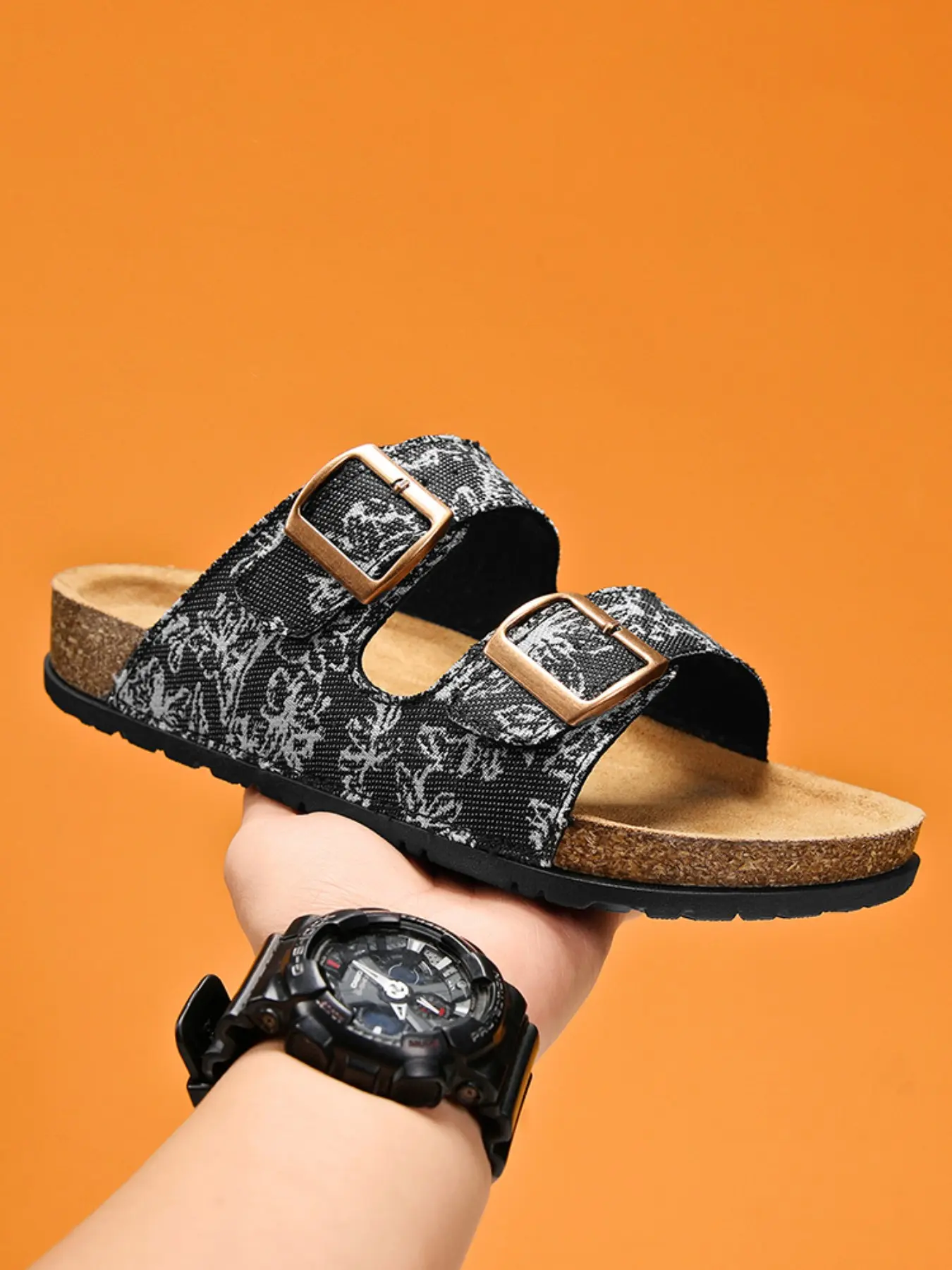 Unisex Vintage Floral Embroidered Cork Slippers, Adjustable Buckle Design, Natural Cork Comfort Insoles, Perfect for All Seasons