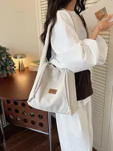 Velvet Drawstring Tote Bag, Leather Label Large Capacity Shoulder Bag, Casual Lazy Style, Durable Fabric, Multi-Scene Use, Student Daily Commute