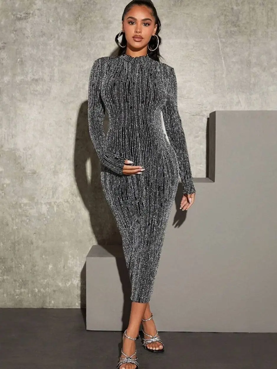 Maternity Glitter Bodycon Long Sleeve Dress, Elegant Mock Neck Pregnancy Outfit for Fall Parties