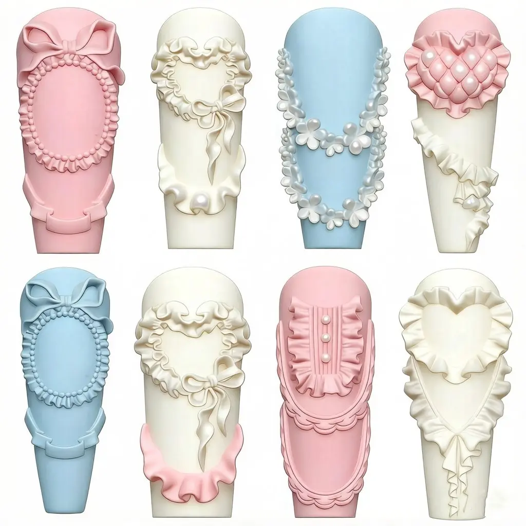Lolita Style Barbiecore Aesthetic Y2K Kawaii 3D Nail Art Design Silicone Molds Cute Bowknot Lace Pearl Fimo Canes Molds, DIY Acrylic False Nail Decorations Making Tools Nail Art Supplies for Nail Salon