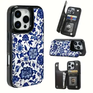 Blue Printed Pattern Design Phone Case with Card Slot Function, Leather Card Holder Slot, Suitable for iPhone 17/16/15/14/13/12PRO PROMAX PLUS AIR, Ideal Gift for Friends, Family, or Couples, KBPK21